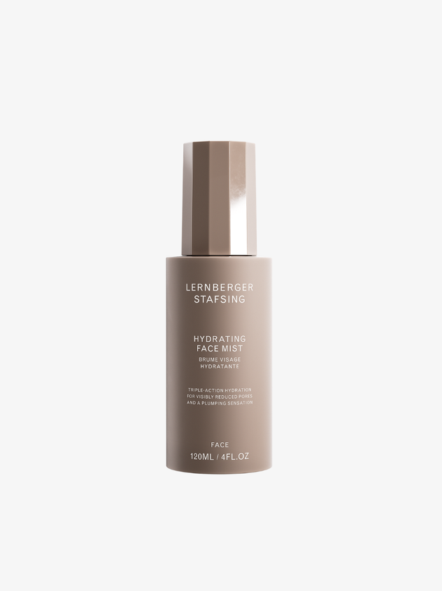 Lernberger Stafsing Hydrating Face Mist in a matte taupe bottle with a glossy taupe cap, centered on a light gray background.